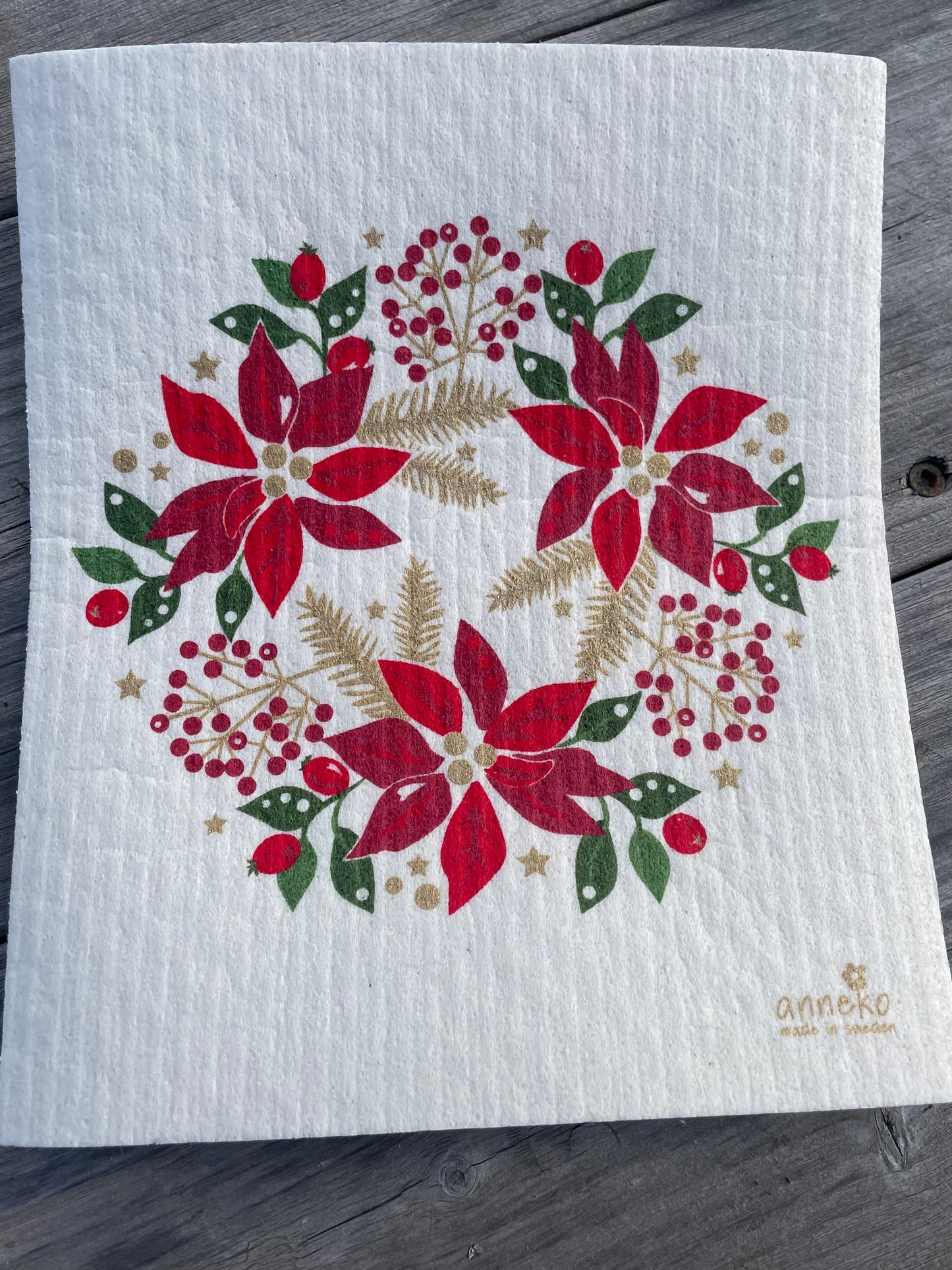 Christmas Poinsettia Wreath Swedish Dishcloth
