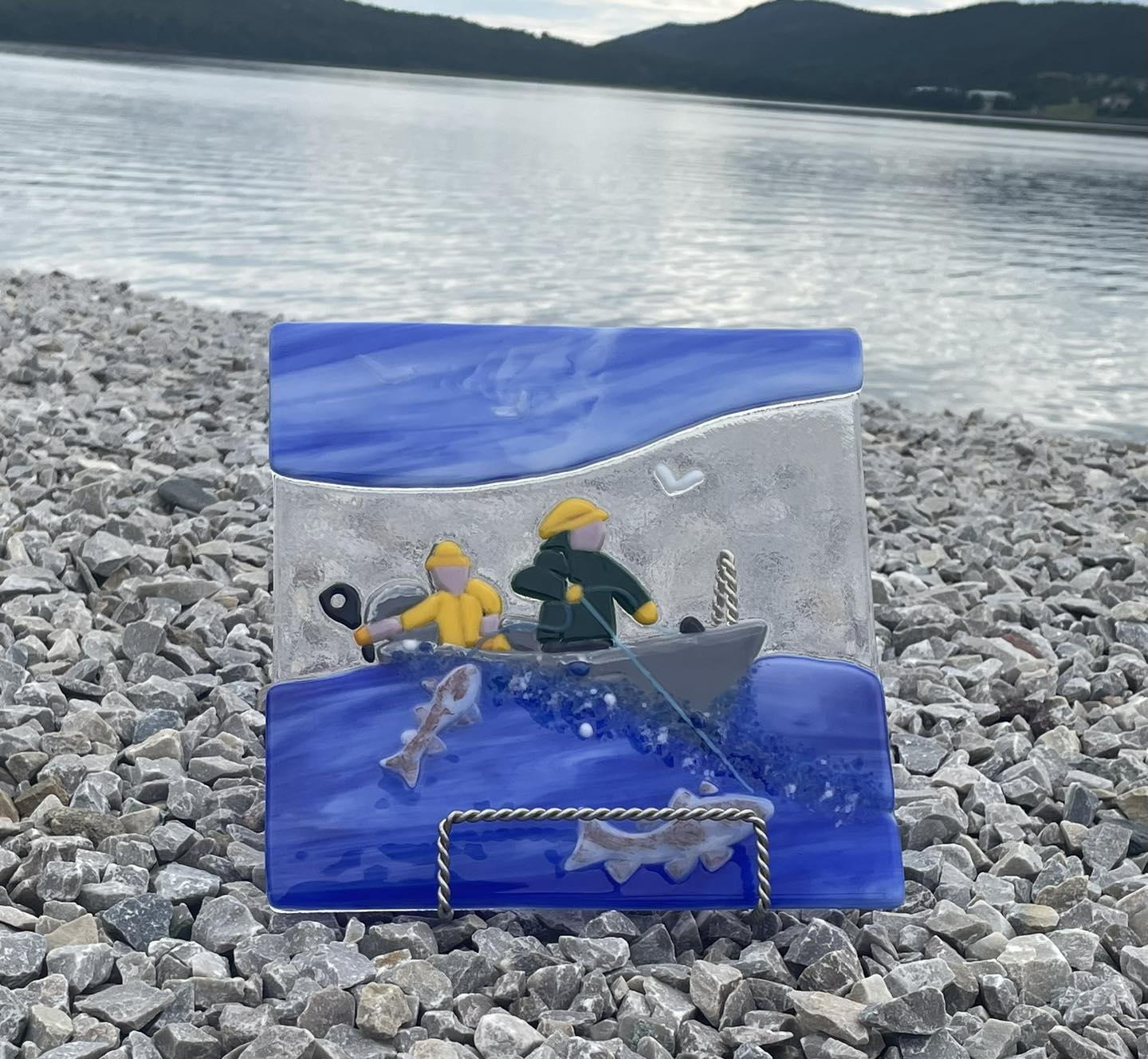 Kiln Fused Glass Fishing Scene Decor