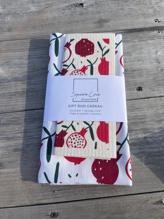 Pomegranate Christmas Gift Duo | 1 Tea Towel + 1 Sponge Cloth