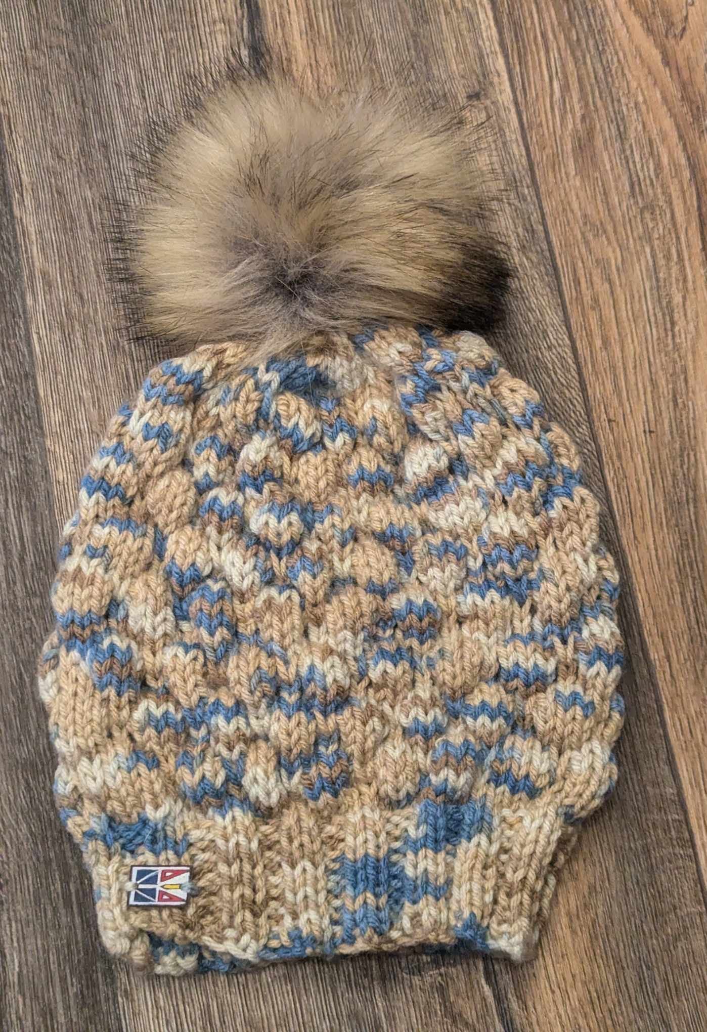 Ladies Knitted Beige/Blue Mix Pom Pom Hat