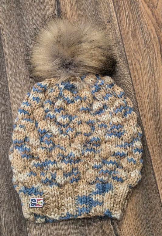 Ladies Knitted Beige/Blue Mix Pom Pom Hat