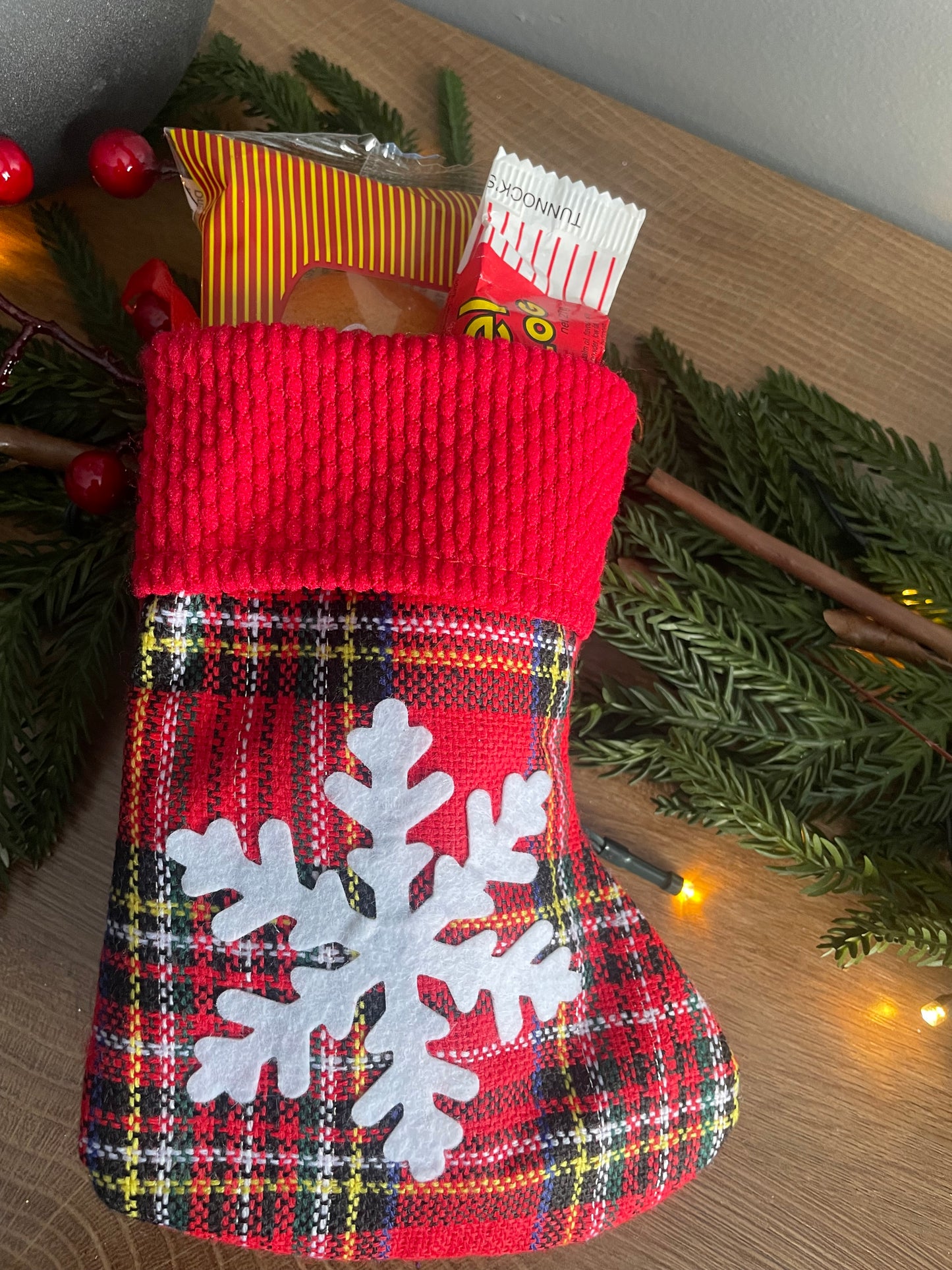 Newfie Christmas Mini Stocking - Buffalo Plaid Snowflake