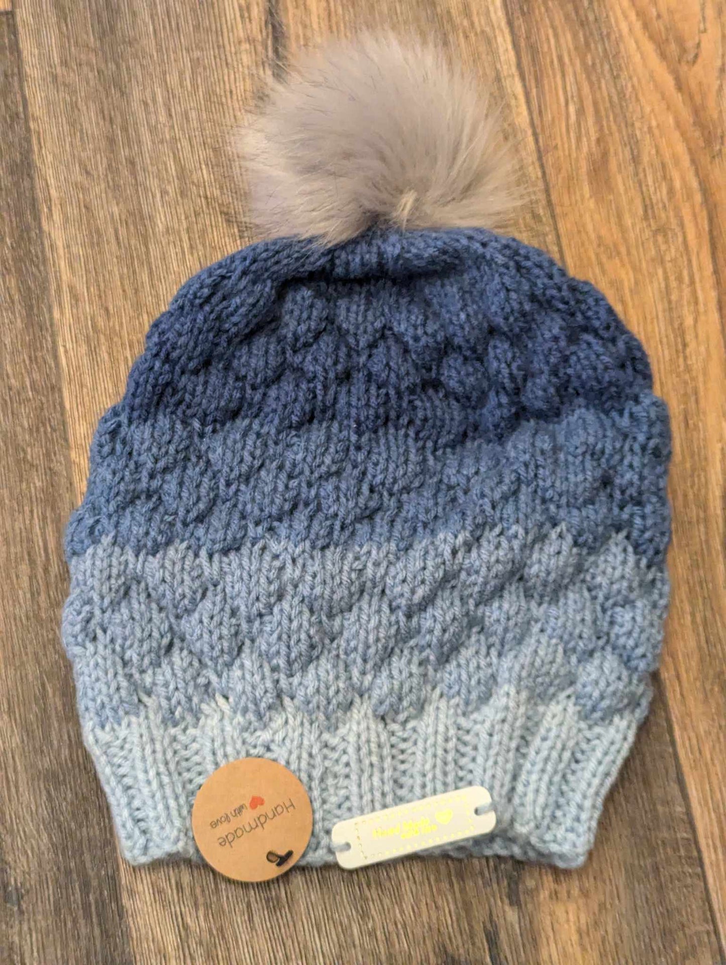 Ladies Knitted Blue Ombré Pom Pom Hat