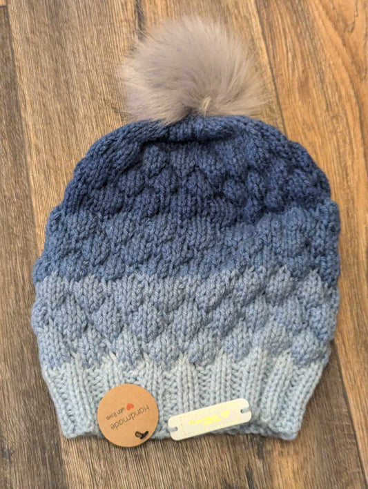 Ladies Knitted Blue Ombré Pom Pom Hat