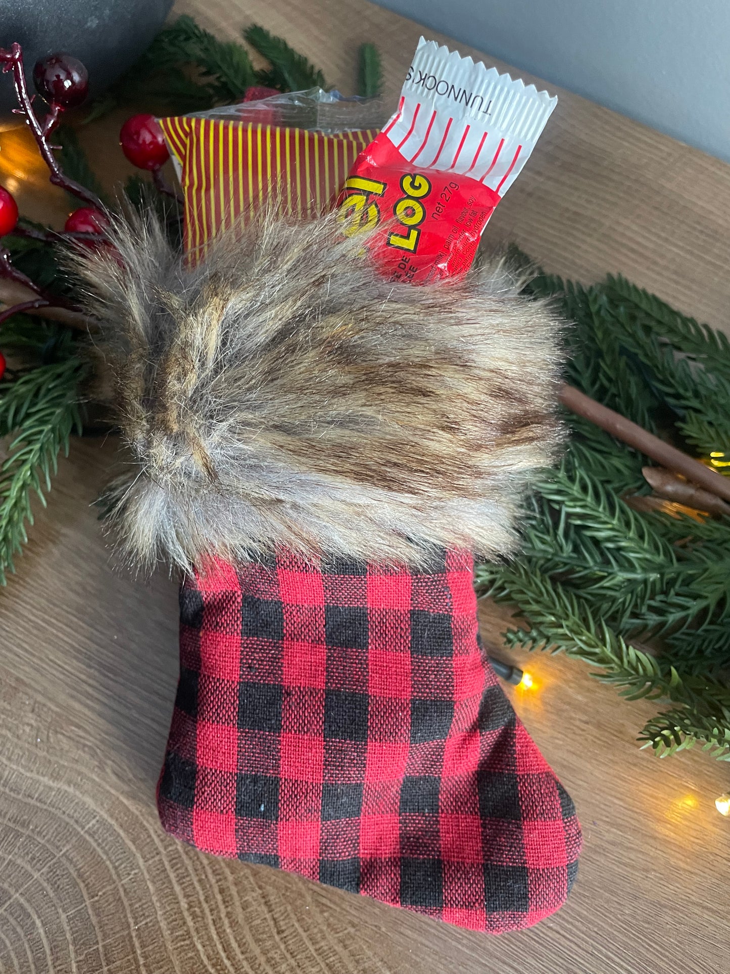 Newfie Christmas Mini Stocking - Buffalo Plaid
