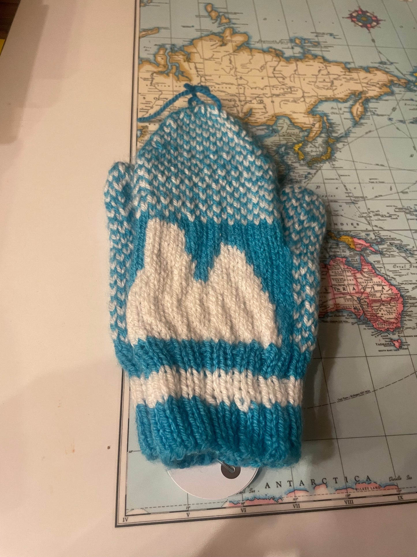 Knitted Handmade Iceberg Ladies Mittens- Turquoise/Cream