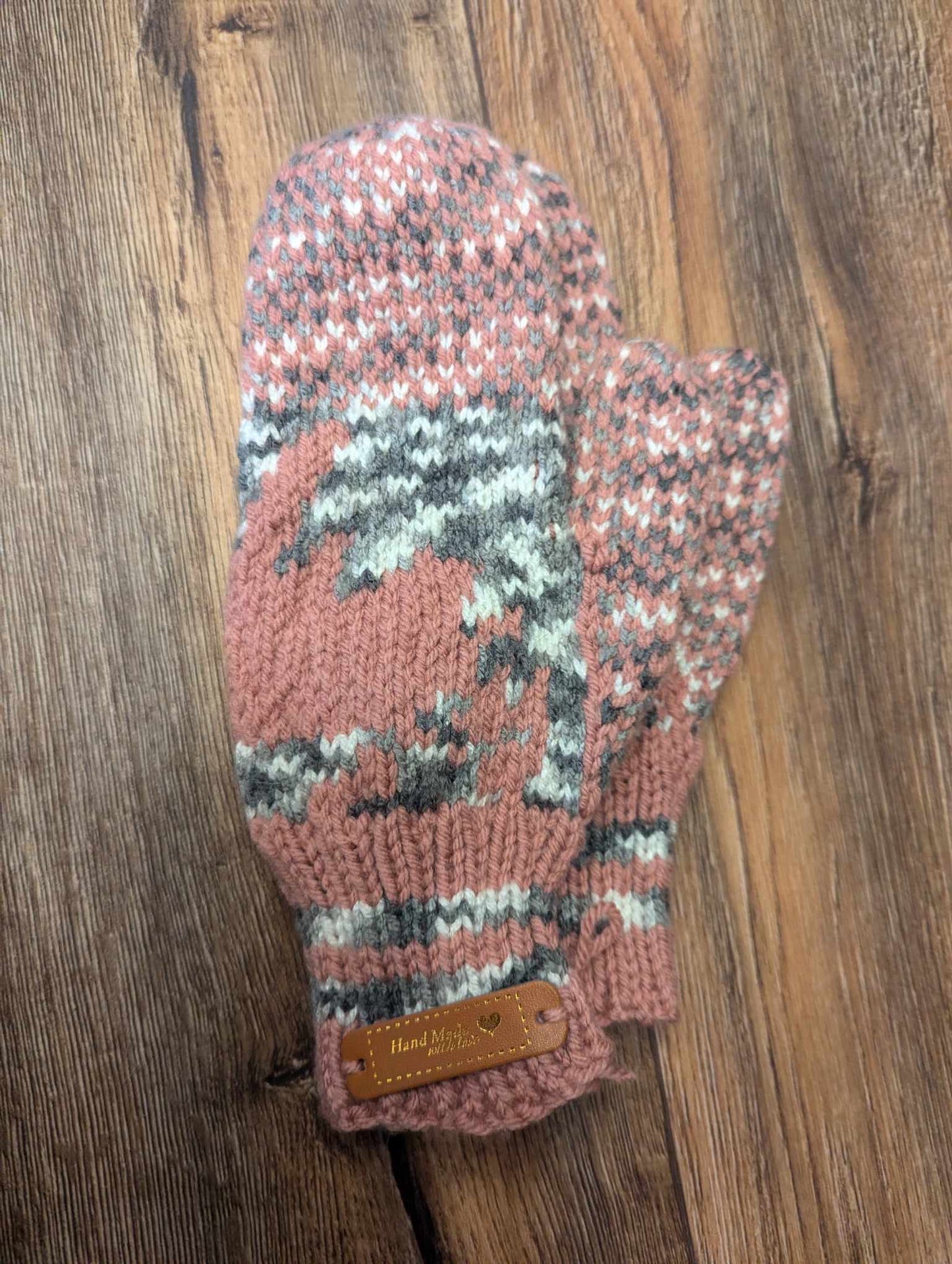 Ladies Knitted Pink/Grey Finger Trigger Mittens