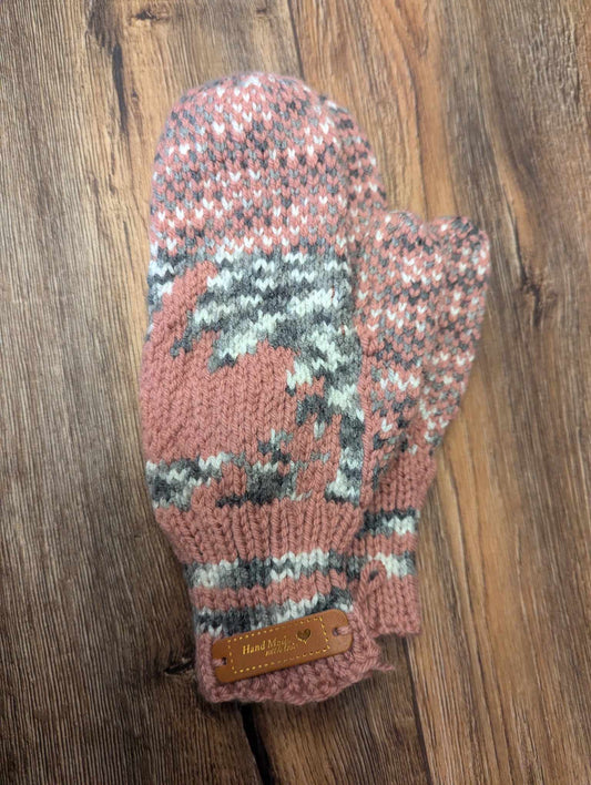 Ladies Knitted Pink/Grey Finger Trigger Mittens
