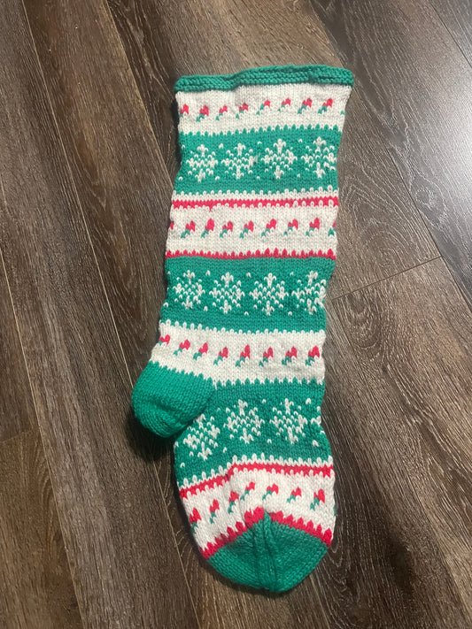 Handmade Knitted Christmas Stocking Green/Red/White