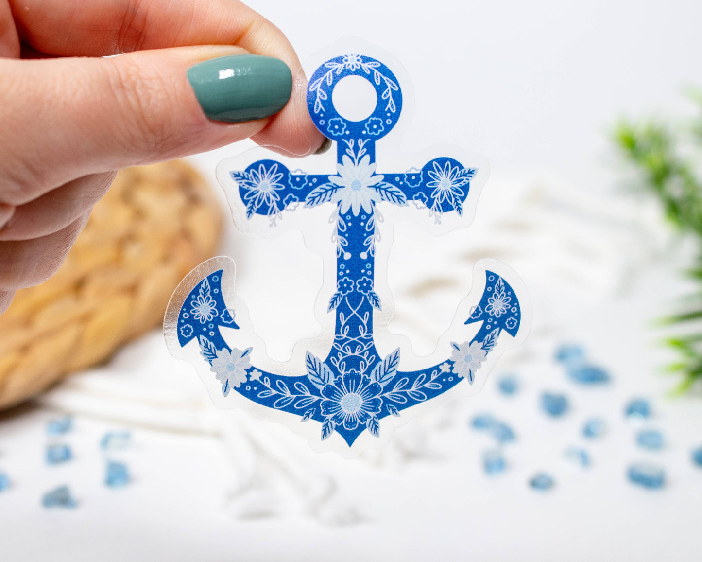 Clear Anchor Blue Floral Sticker