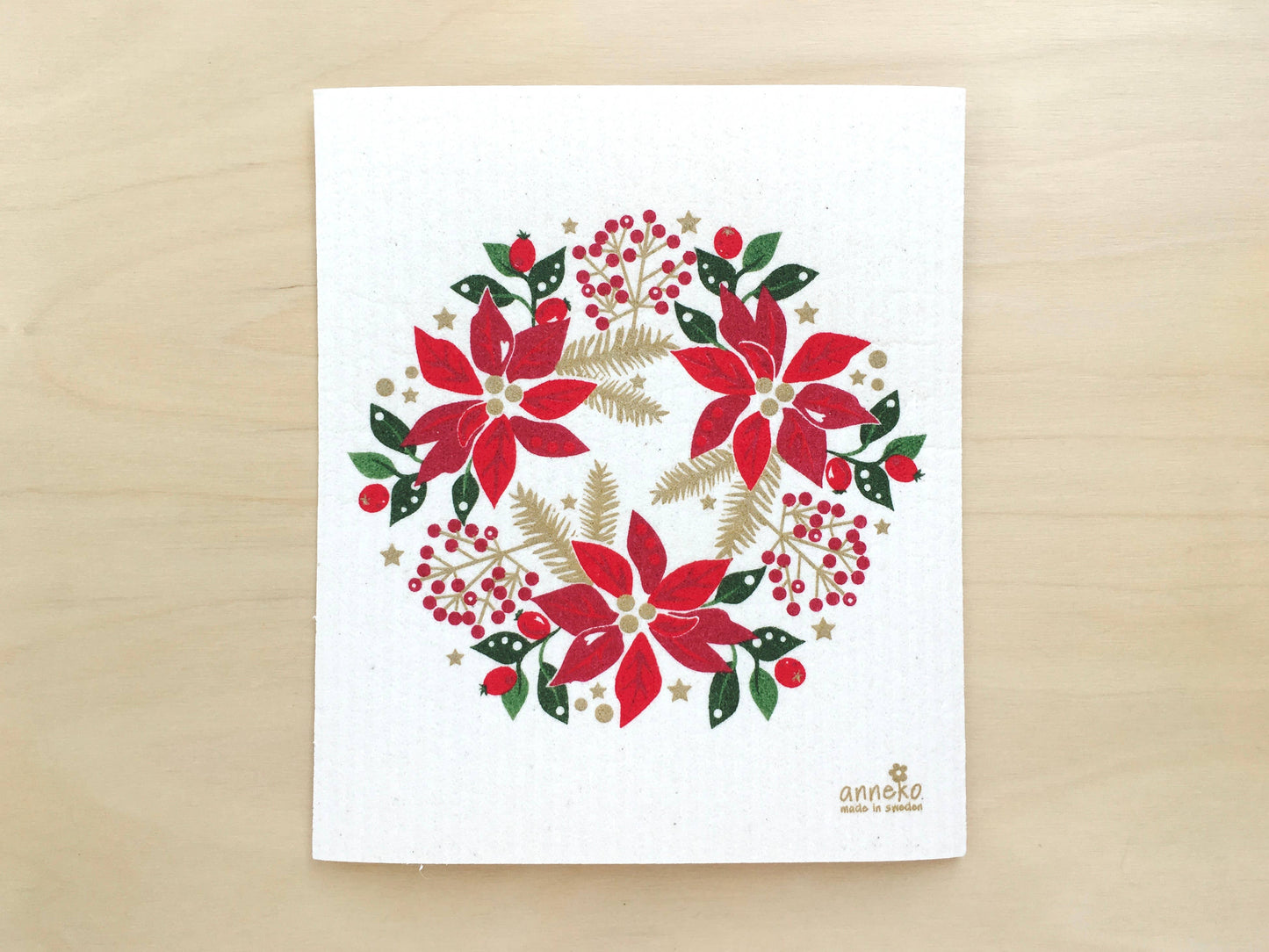 Christmas Poinsettia Wreath Swedish Dishcloth