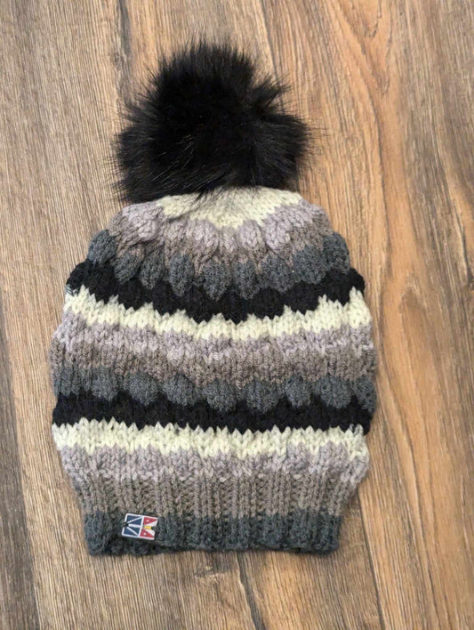 Ladies Knitted Black/Grey Mix Pom Pom Hat