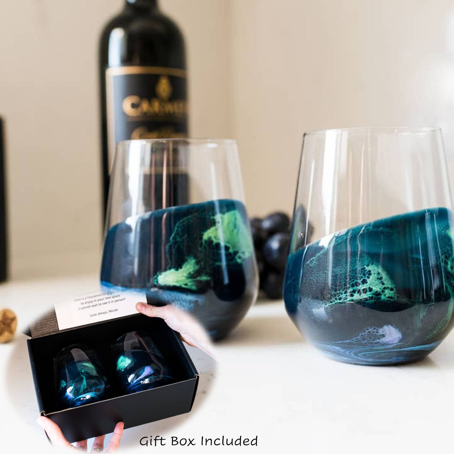 Resin Accented Wine Glasses-  Northern Lights
