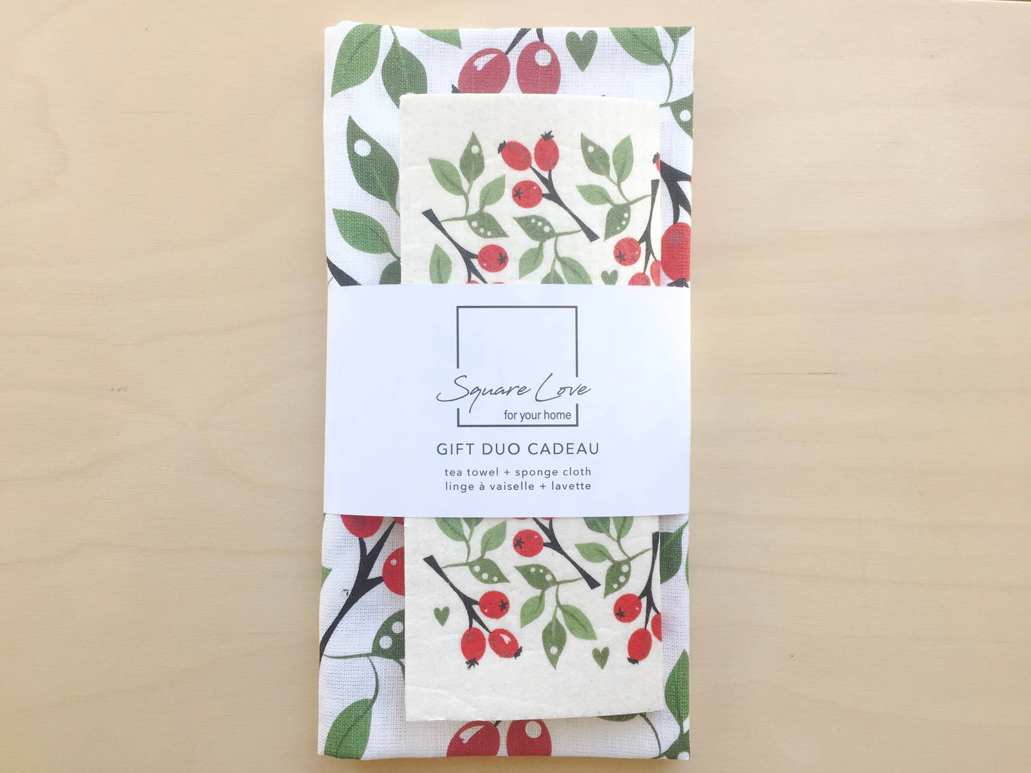 Christmas Holly Berry Gift Duo | 1 Tea Towel + 1 Sponge Cloth