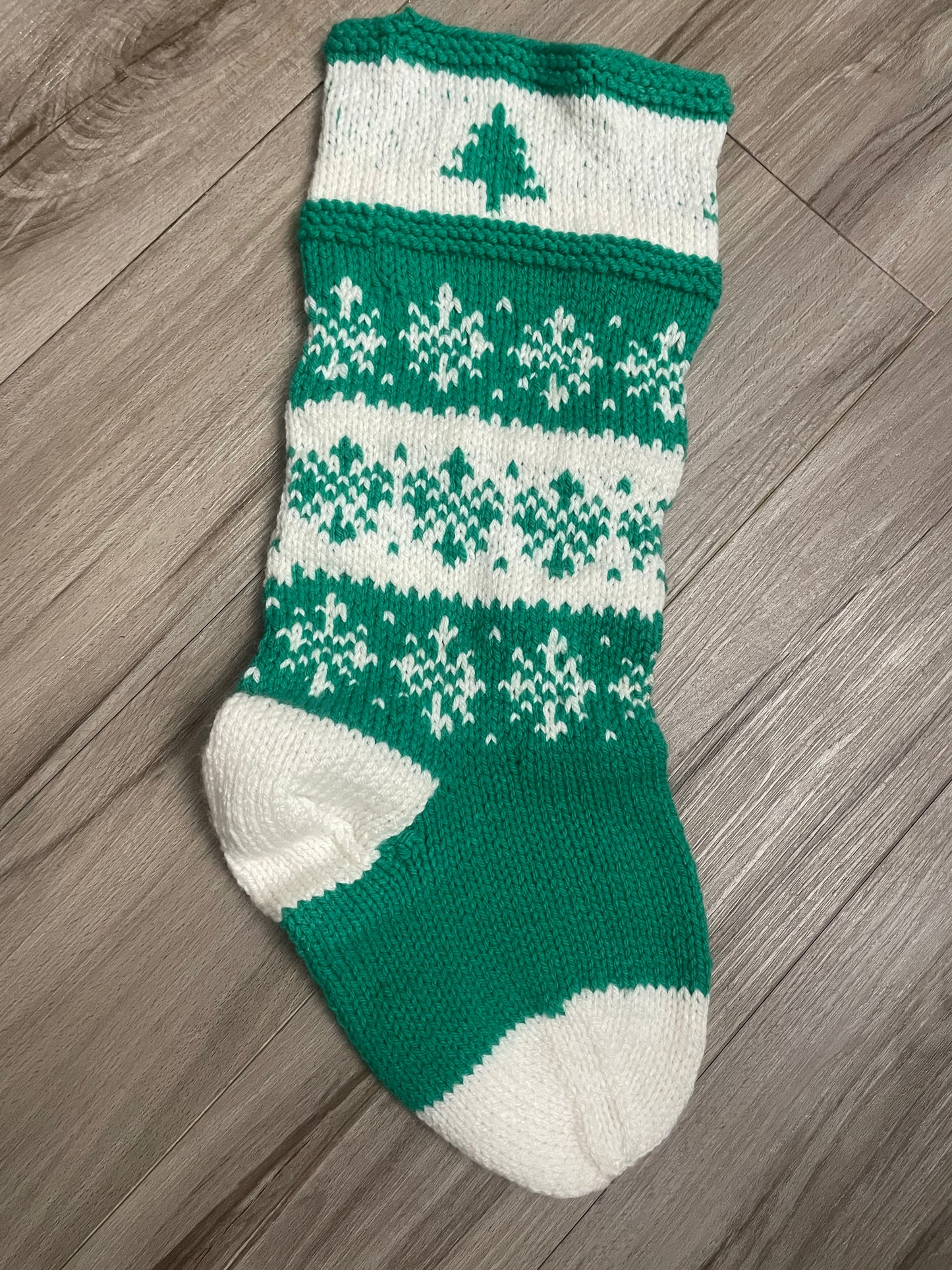 Handmade Knitted Christmas Stocking Green/White