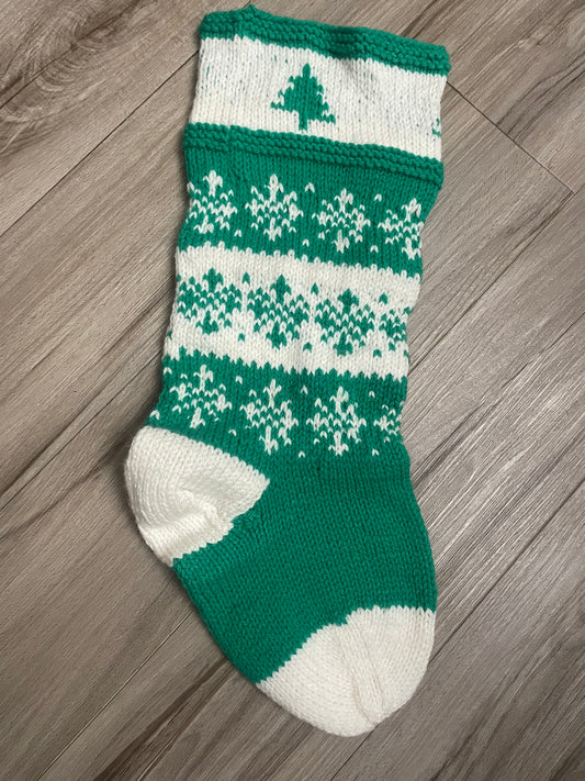 Handmade Knitted Christmas Stocking Green/White
