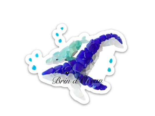 Waterproof Sticker, Sea Glass Whale & baby, Vinyl Sticker