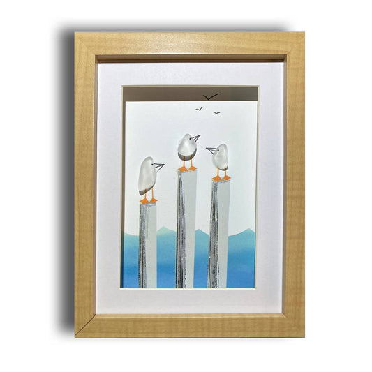 Gulls on Pilings, Sea Glass ART