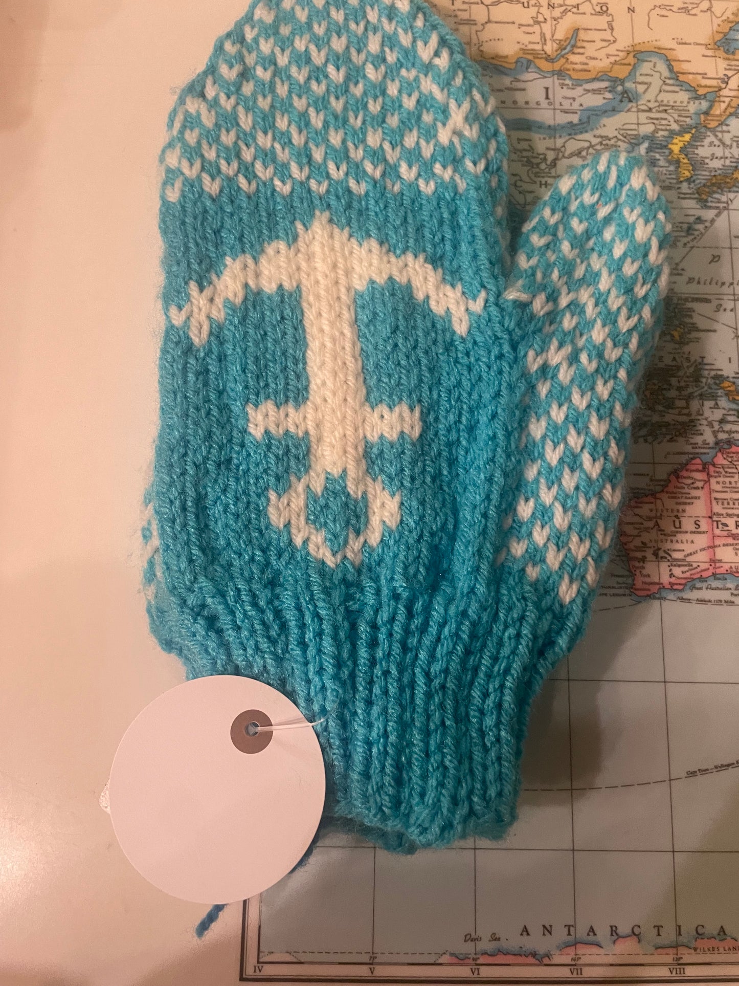 Knitted Handmade Anchor Ladies Mittens- Blue/Cream