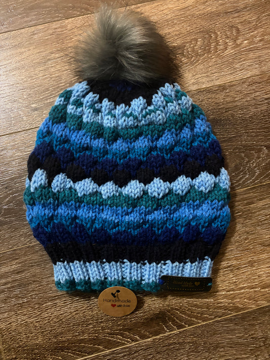 Ladies Knitted Mix Blues Pom Pom Hat