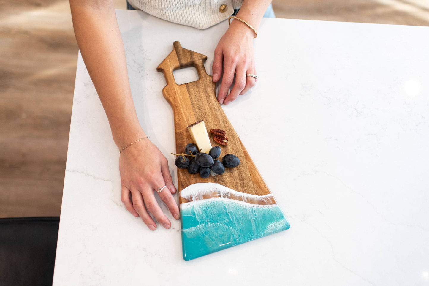 Light House Shaped Acacia Resin Board - Navy White Metallic