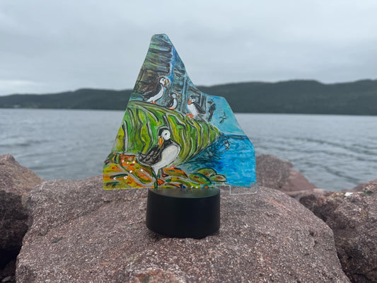 Newfoundland Puffin Scene Acrylic Hand Painted Light Up Display