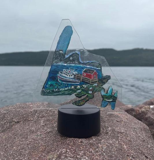 Newfoundland Fishing Scene Acrylic Hand Painted Light Up Display