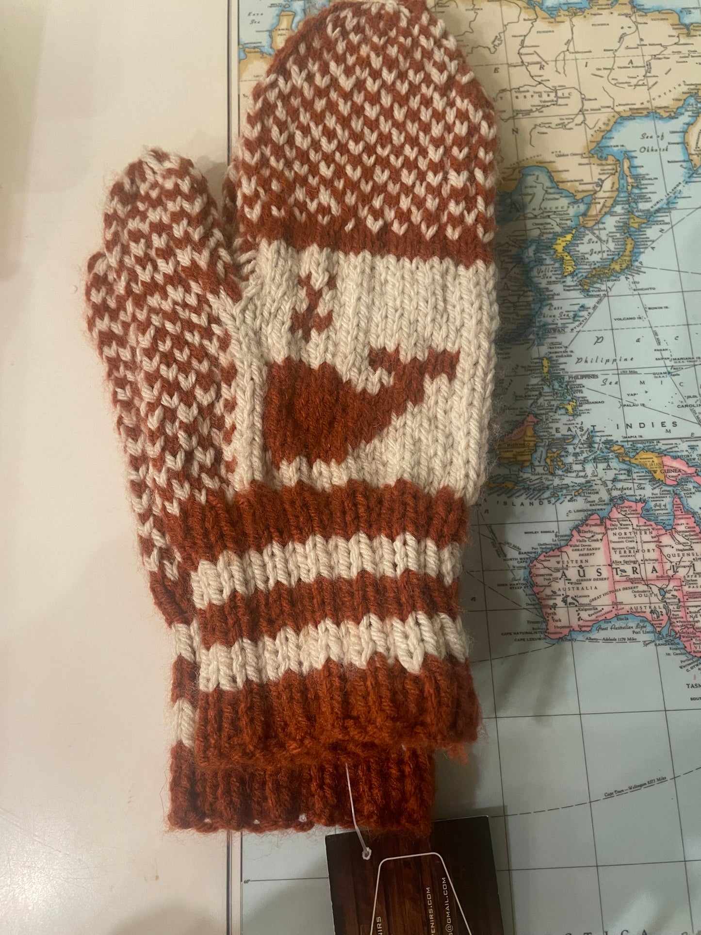 Knitted Handmade Whale Ladies Mittens- Rust/Cream