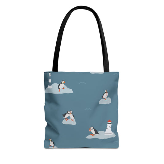 Puffins & Lighthouse Tote Bag - White or Blue