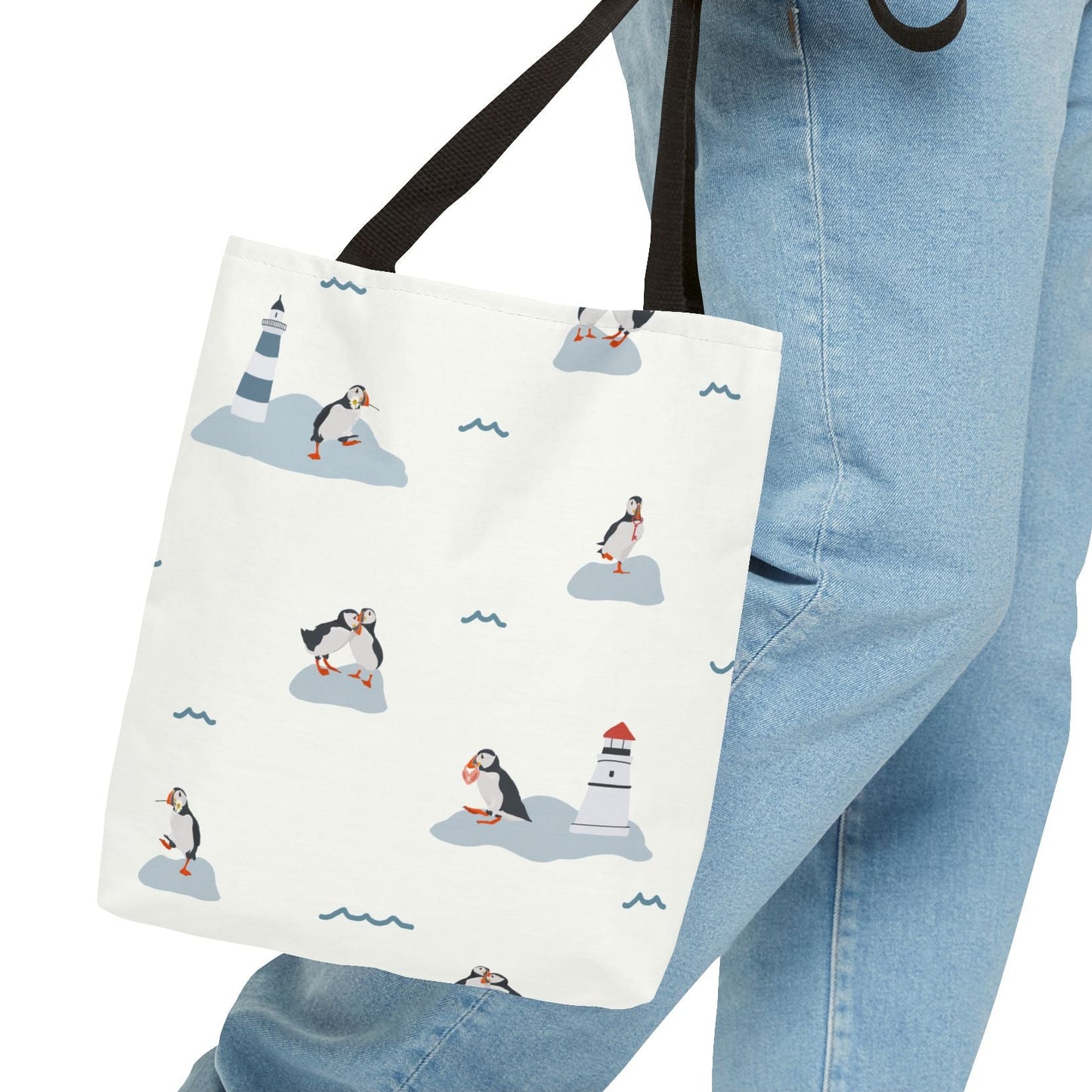 Puffins & Lighthouse Tote Bag - White or Blue
