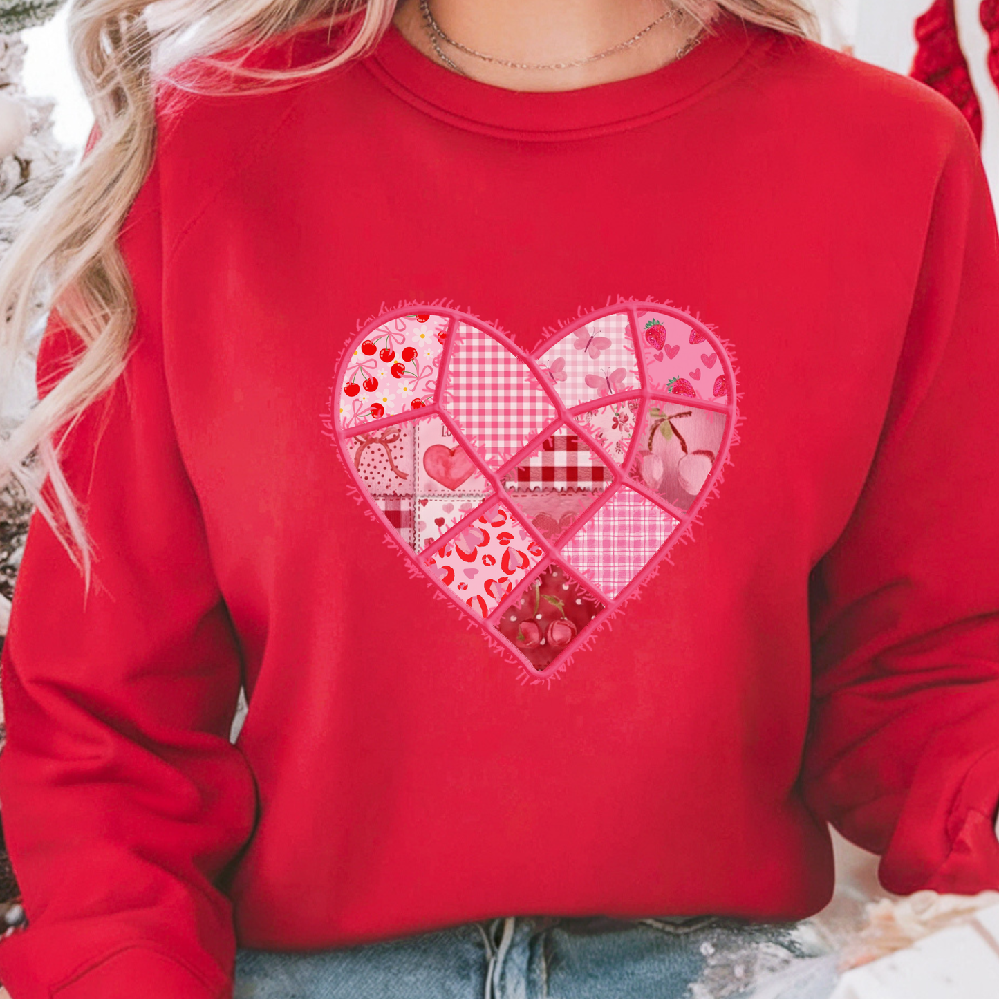 Valentine Patchwork Heart Crewneck Sweatshirt