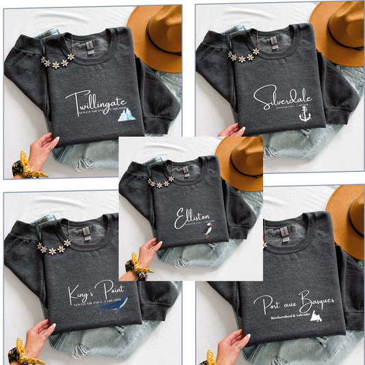 Custom "Your Town/City" Crewneck Sweatshirts - Map, Puffin, Iceberg, Anchor & Whale