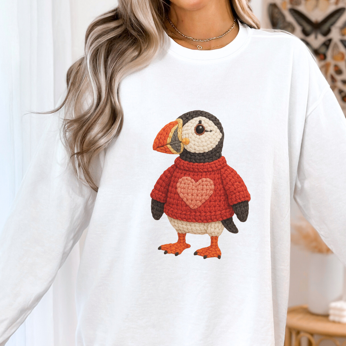 Valentine Puffin Faux Crochet Crewneck Sweatshirt