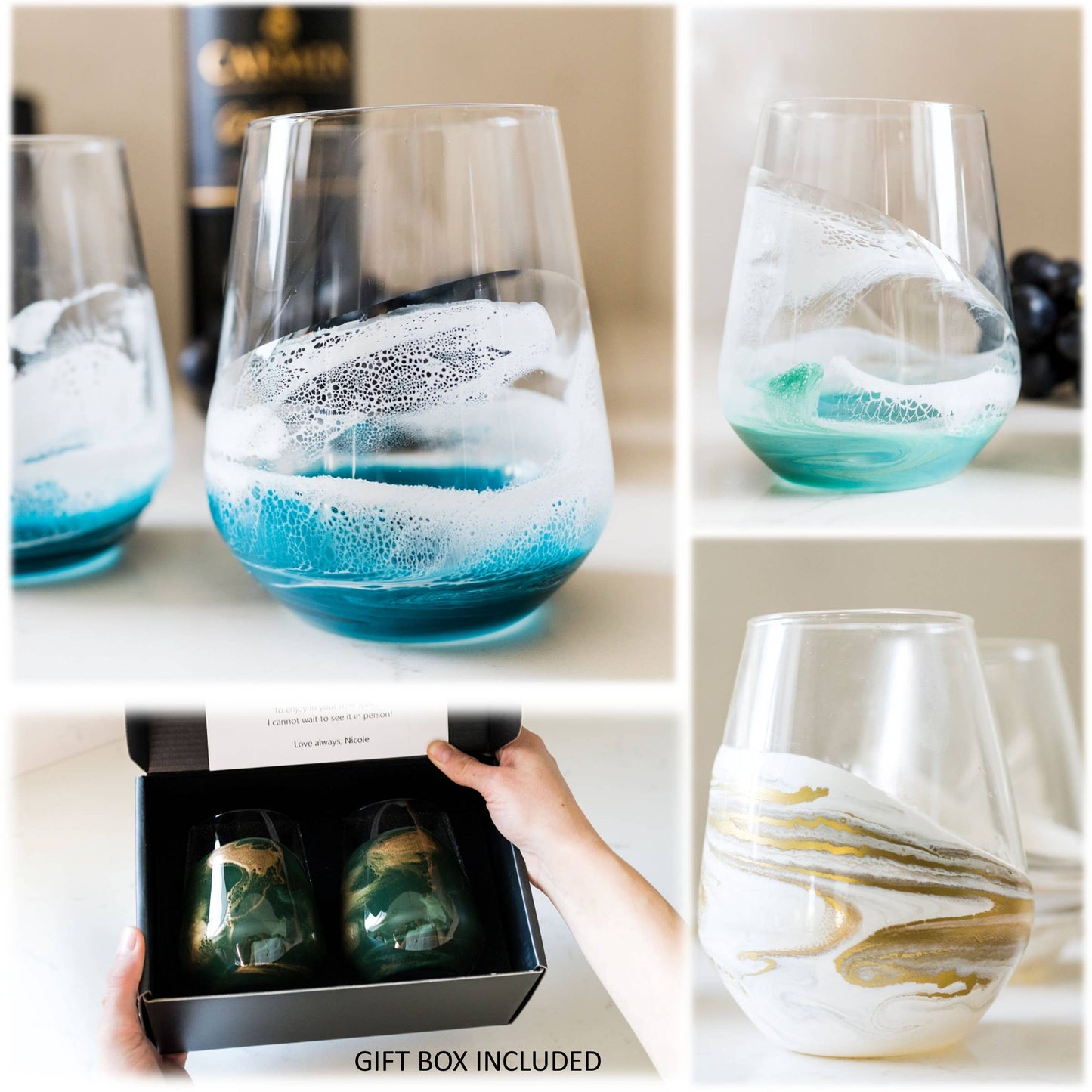 Resin Accented Wine Glasses-  Northern Lights